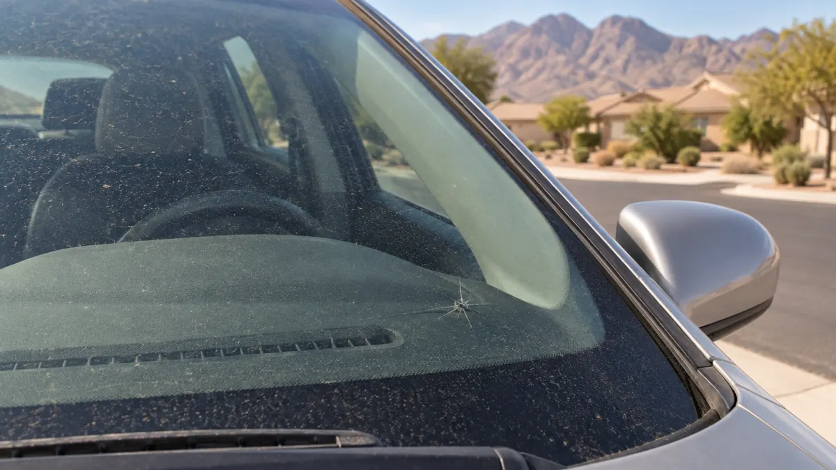 Dusty windshield with a small rock chip after a Las Vegas Valley windstorm